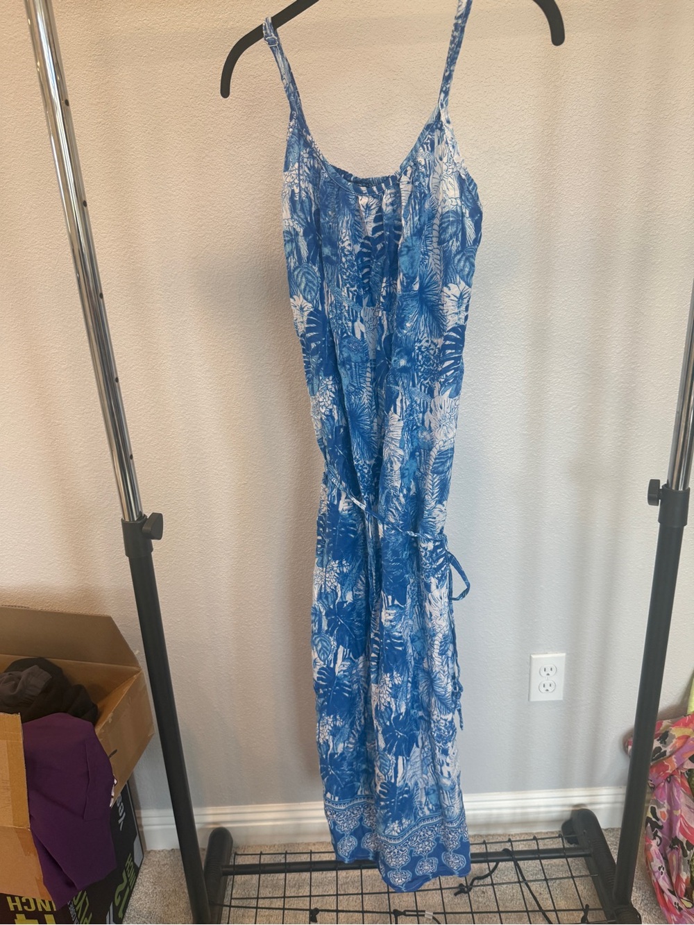 Women’s Blue Tropical Print Dress with Waist Tie OS